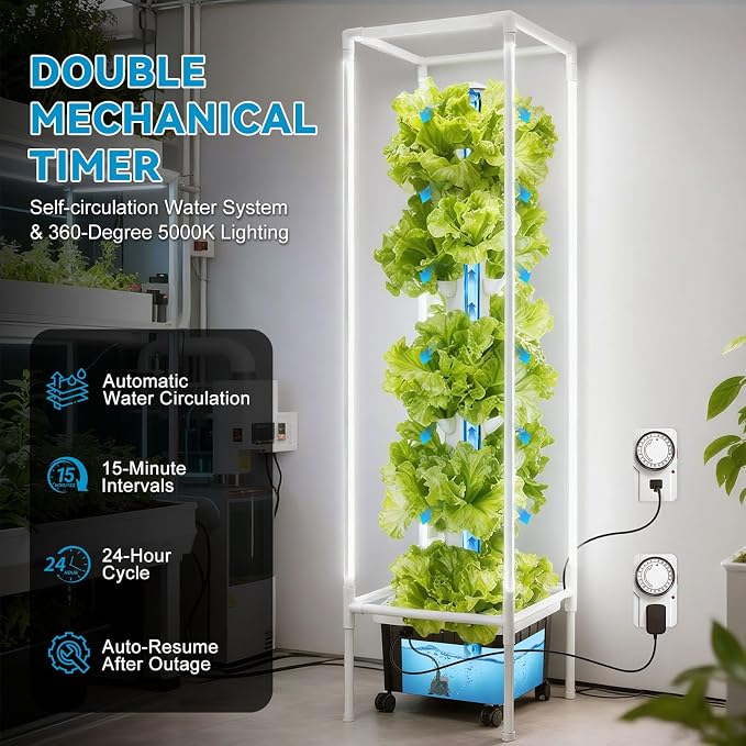 JESLED Hydroponic Tower with 5000K Full-Spectrum Grow Lights, 45 Pods Vertical 15 Tiers Hydroponic Tower, Auto Watering & Lighting for Indoor Herbs, Fruits and Vegetables, High 66.2"