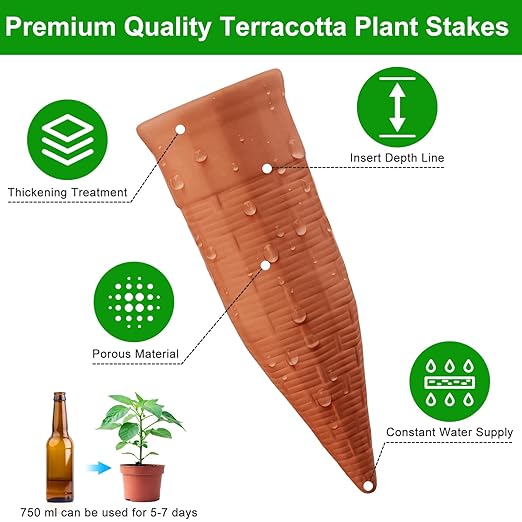 Terracotta Watering Spikes 6 Pack Plant Watering Devices Wine Bottle Automatic Plant Waterer for Vacations, Self Watering Stakes for Indoor Outdoor Plants