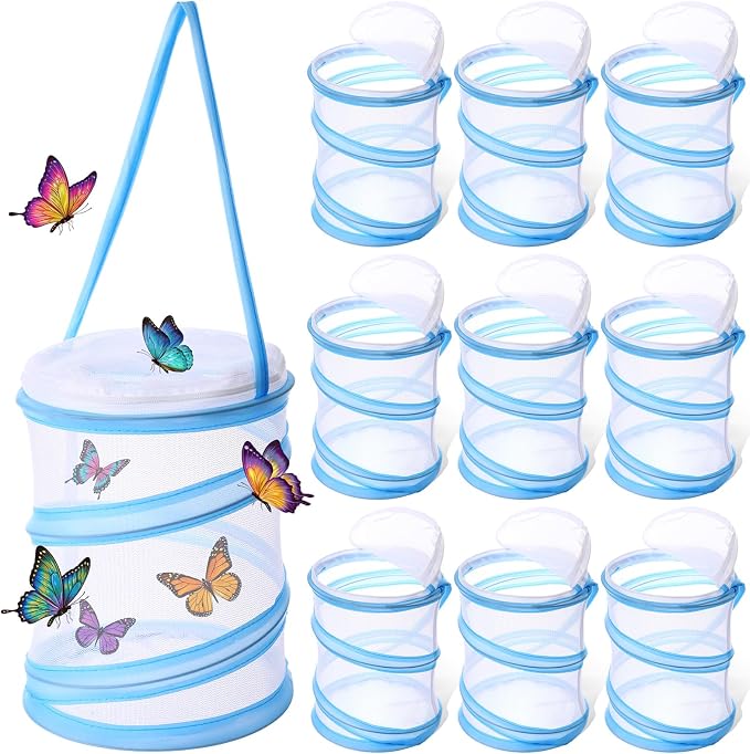 Sherr 10 Pcs Mini Butterfly Habitat Cage Clear Mesh Butterfly Net Cage Container Foldable Terrarium, 6.2x7.1inch (Blue)