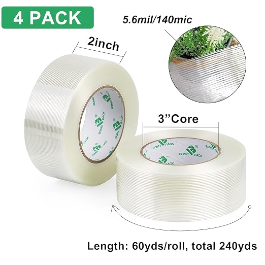 BOMEI PACK 4Rolls Reinforced Packing Tape, Heavy Duty Filament Fiber Strapping Tape 2inch, 5.5Mil x 60Yds, Total 240Yds