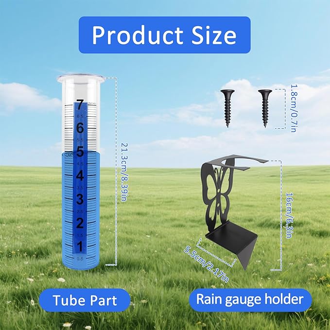TBWHL Accurate Rain Gauge Outdoor,7" Rain Gauges Outdoors Best Rated with Stainless Steel Butterfly Shape Rack Holder, Thickened Plastic Large Precise rain Guage for Yard Fence Garden Lawn Farm