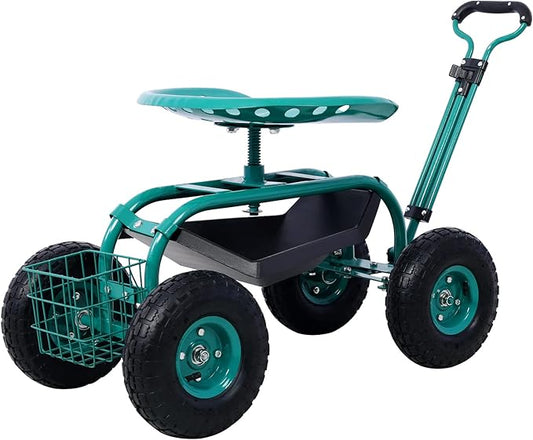 Rolling Garden Cart with Seat 360 Degree Swivel Seat Garden Scooter, Heavy Duty Garden Stool with Wheels, Utility Tool Tray Basket, Green