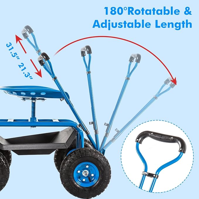 KINTNESS Garden Cart with Rolling Work Seat Tool Tray and Storage Basket on Wheels Heavy Duty Garden Scooter Gardening Planting (Blue)