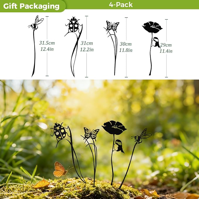 KODIBO 4-Pack Yard Stakes for Decorations, Black Metal Bird Bee Buttterfly Ladybug Silhouette Stakes, Weather-Resistant Garden Statues, Modern Yard Decor for Planters, Flower Bed, Patio & Lawn