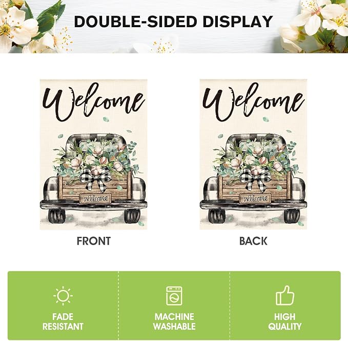 AVOIN colorlife Welcome Spring Truck House Flag 28x40 Inch Double Sided, Cotton Rustic Buffalo Plaid Yard Outdoor Flag