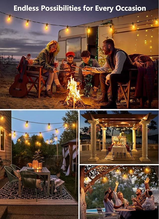 Brightown Outdoor String Lights, 50FT 15 Bulbs Shatterproof Patio Lights, IP65 Waterproof Dimmable Hanging Connectable LED Outdoor Lights for Backyard, Bistro, Porch, Deck, Balcony