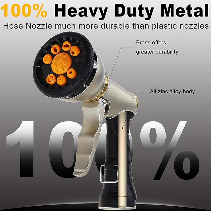 Gareden Hose Nozzles 9 Adjustable Patterns Hose Spray Nozzle Heavy Duty Metal Hose Nozzle Spray High Pressure Slip Resistant Water Sprayer for Cleaning/Watering Lawn Garden/Pets Shower/Car Washing
