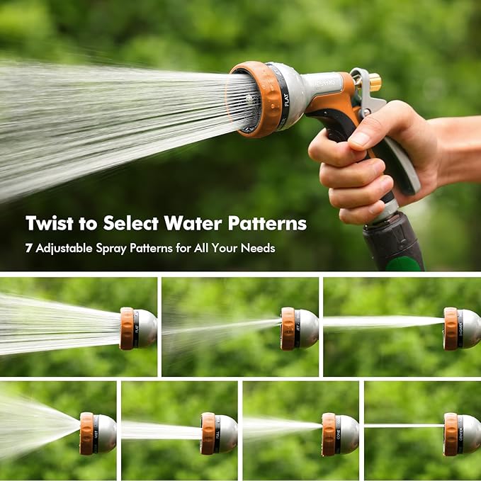 RESTMO Heavy Duty Metal Garden Hose Nozzle, Water Hose Nozzle with 7 Adjustable Spray Patterns, High Pressure Hose Sprayer with with Flow Control, for Plants & Lawns, Washing Cars & Pets, Orange