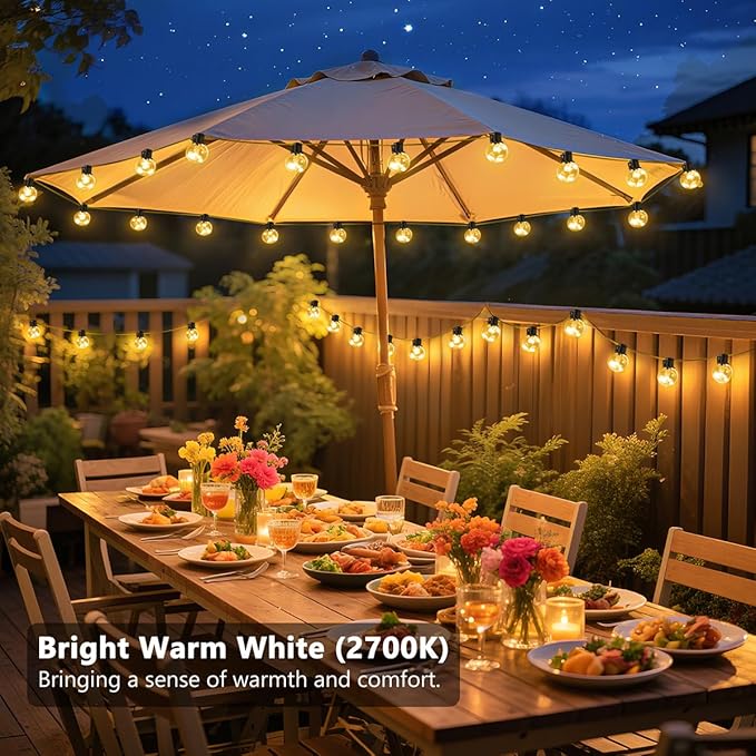 30ft Outdoor String Lights Battery Powered, 20 G40 Warm White LED Bulbs Hanging Lights Dimmable with Timer, IP65 Waterproof Bulb Shatterproof for Patio Backyard Balcony Christmas Decor