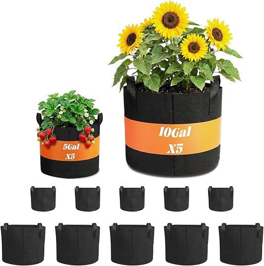 Hoikwo 10-Pack Grow Bags, 5-Pack 5 Gallon, 5-Pack 10 Gallon, Nonwoven Fabric Pots with Handles for Balcony, Patio, Garden, Greenhouse, for Urban Gardeners, Farms, Air Pruning for Tomatoes Potatoes