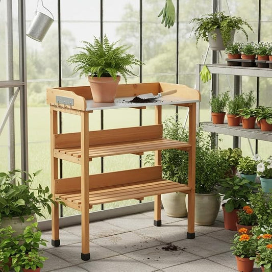 30" Outdoor Potting Bench Table with Metal Tabletop, Wooden Potting Table, 3 Tier Garden Work Bench Shelf with Hooks & Adjustable Feet for Patio Porch Balcony, Light Brown