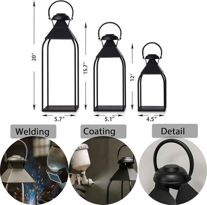 Decorative Metal Lanterns Indoor Outdoor, Candle Holder for Porch, Patio, Fireplace, Floor, Wedding, Christmas, Fall, Holiday, Farmhouse Table Centerpiece (Black, Set of 3 20" 15.7" 12")