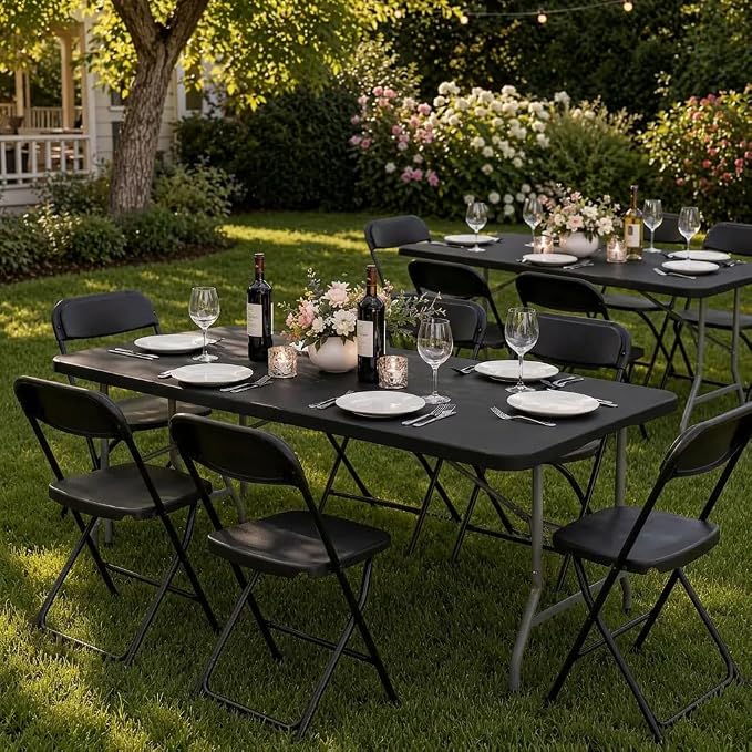Set of 2 Folding Table 6 FT Lightweight Camping Table Black Portable Plastic Rectangular Outdoor Dining Table Steel Legs Fold-in-Half with Carrying Handle for Indoor,Picnic,Party,Wedding,Events