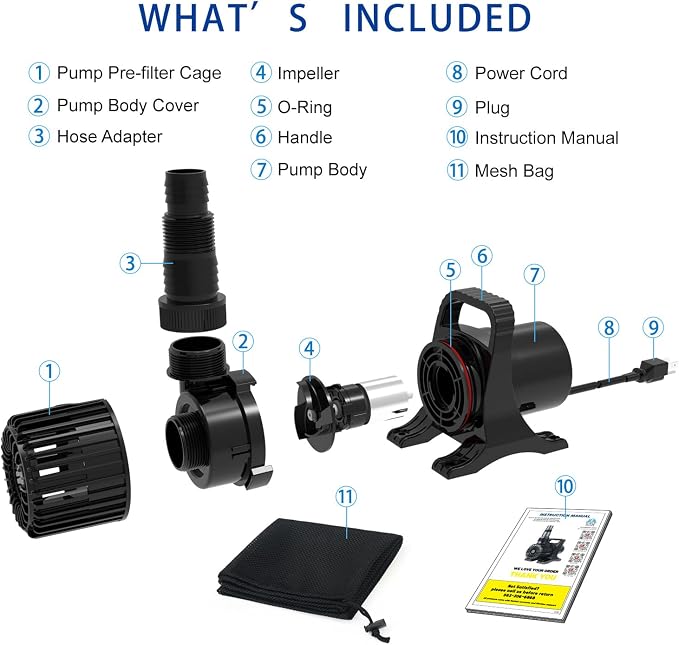 OYO WATER Outdoor Extra Large 13800gph-1100W 32.8FT Pond Water-fall & Kio Fish Fountain-s& Garden Pump Submersible IPX8:Long 32.8FT Cord Smart-er&Quieter Duck&Yard&Patio Ponds Pumps,1 Barrier Pump Bag