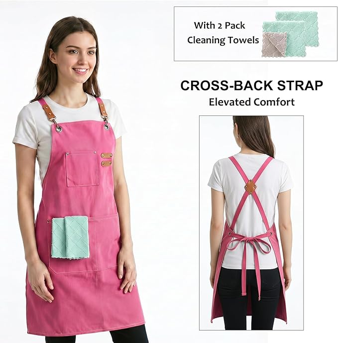 ZOMAO Apron for Women,Baking Kitchen Cooking Apron with Pockets, Cotton Canvas Cross Back Apron with Adjustable Strap and Large Pockets,BBQ Drawing Crafting Aprons for Women Chef (Pink)