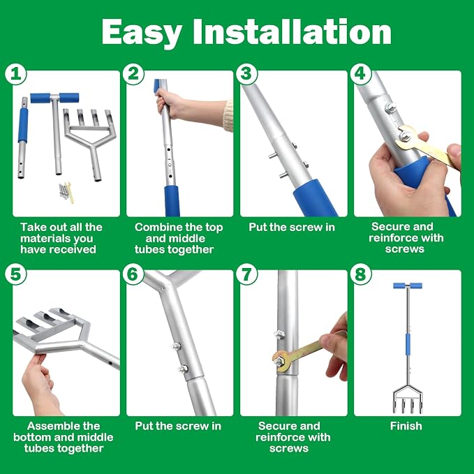 Manual Push Core Aerator Lawn Tool: Semi-Assembled Lawn Aerator with 4 Hollow Tine - Yard Aeration Tool for Lawn Grass Plug Air Aerators, Handheld Lawn Care Coring Soil Aerator
