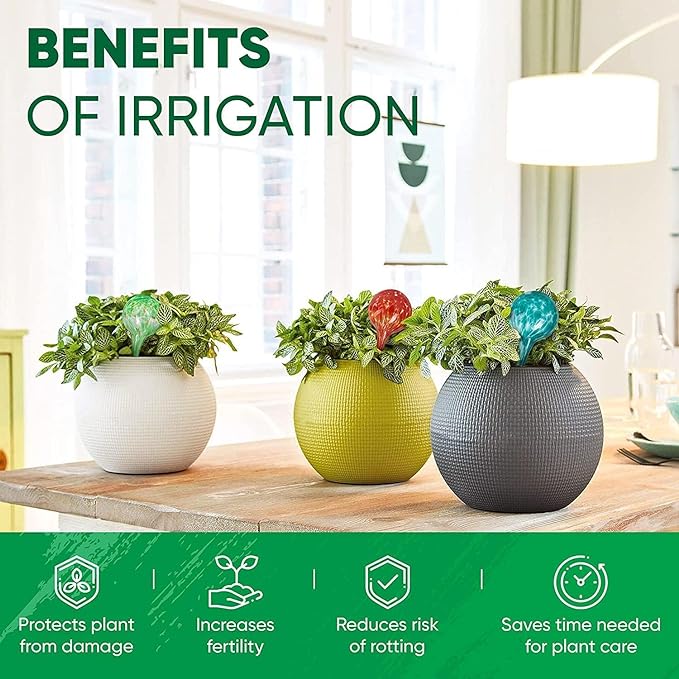 Plant Watering Globes Set of 6 – Small Glass Self Watering Bulbs for Indoor & Outdoor Plants – Multicolor Passive Watering Devices for Short-Term Soil Moisture Support