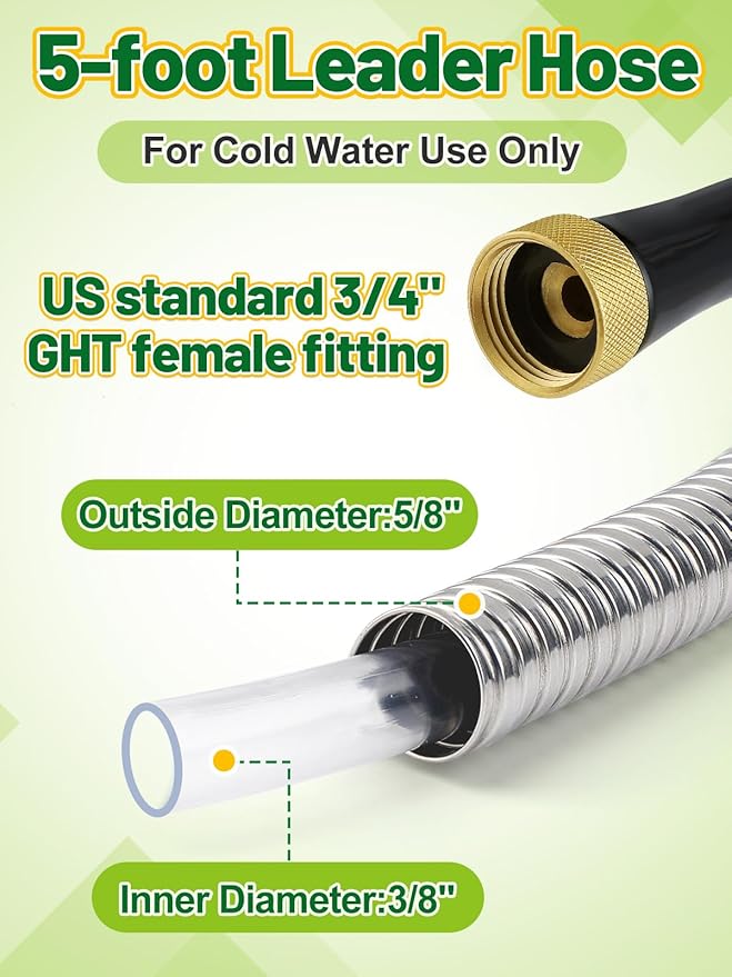5ft Female to Female Short Garden Hose with Brass Fittings - Stainless Steel Metal Leader Hose Connector for Hose Reel, Heavy Duty & Flexible, for Outdoor Cleaning Car Pet