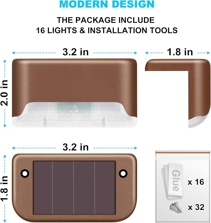 DenicMic 16 Pack Solar Deck Lights Outdoor Waterproof Color Changing LED | Step Fence Patio Yard Stair Railling Pool Side Balcony Front Porch Outside Deck Lighting Decorative 5 Lumen ABS Brown Shell