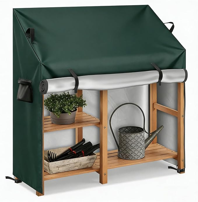 Potting Bench Cover, 600D Heavy Duty Waterproof Oxford Fabric, Outdoor Garden Worktable Cover, UV Resistant & Tear Proof, Weatherproof Protector for Patio Planting Bench (Green, 41"L×19"W×34/47"H)