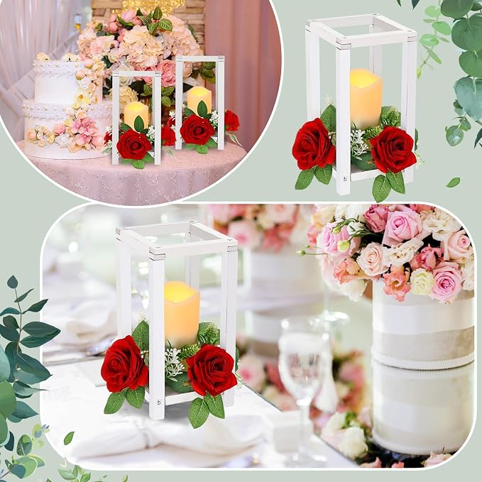 Hushee 30 Pcs Integrated Wedding Lantern Centerpiece Rustic Wooden Holder with Candles and Rings Farmhouse Candle Lantern Decor for Home Valentine Wedding Party Table Decor (White and Red)