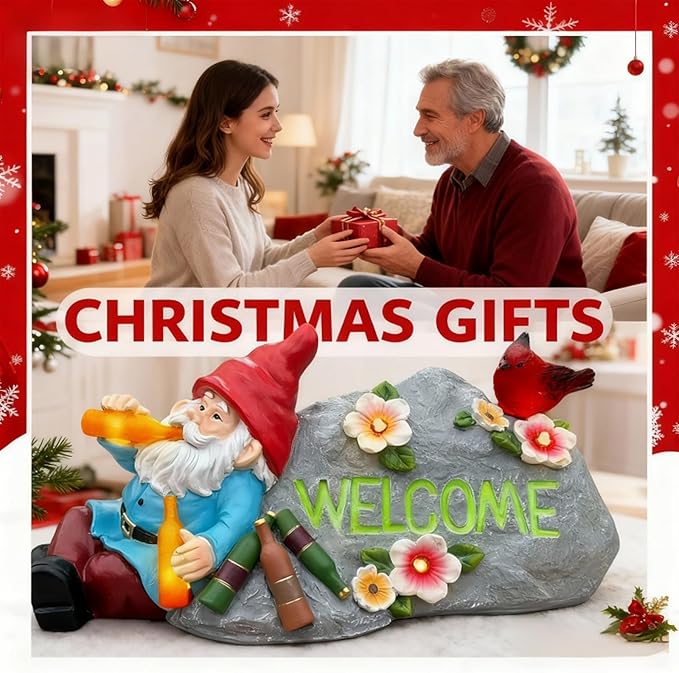 Funny Garden Gnomes Statue with Welcome, Solar Outdoor Gnomes Decorations for Yard, Patio, Lawn, Christmas Birthday Housewaming Gifts, for Dad, Men, Husband, Grandpa, 11.8 Inch, Resin