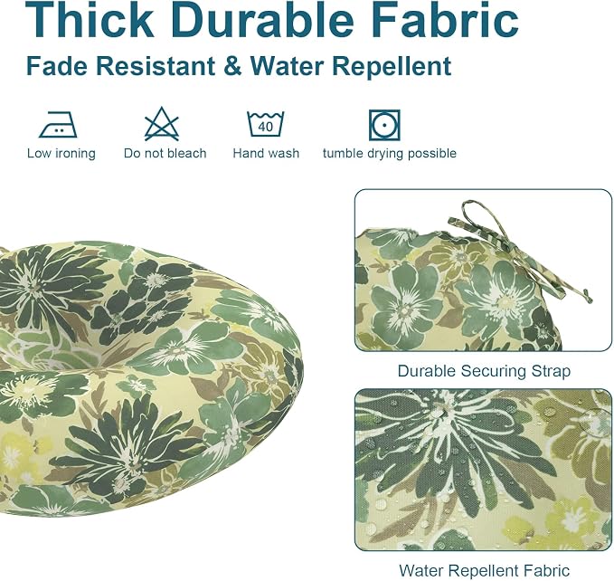 DYTXIII Set of 2 Outdoor Round Chair Cushions 15"x15"x4" with Ties, Water Repellent Tufted Bistro Seat Cushions, Thick Patio Chair Pads for Bar Stool, Garden & Dining Furniture - Green Rose