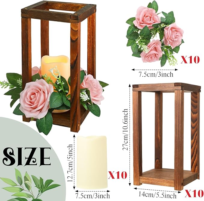 Hushee 30 Pcs Integrated Wedding Lantern Centerpiece Rustic Wooden Holder with Candles and Rings Farmhouse Candle Lantern Decor for Home Valentine Wedding Party Table Decor (Brown and Pink)