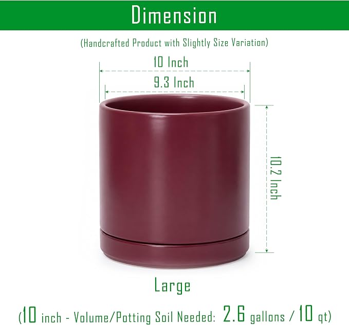 D'vine Dev 10 Inch Ceramic Planter Pot with Drainage Hole and Saucer, Indoor Cylinder Round Planter Pot, Cordovan, 94-O-E-4