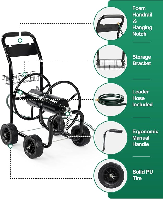 Outvita Garden Hose Reel Cart, Heavy Duty Water Hose Cart for Outside, Lawn Watering, for Garden, Yard, Lawn, Farm, Hold Up to 300 ft of 5/8’’ Hose, 4 PU Wheels, Storage Basket (Green)