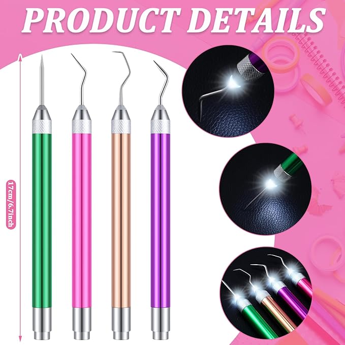 Leriton 4 Pcs LED Weeding Tools for Vinyl with Light Weeding Tool with 5 Different Hooks Lighted Pin Pen Tool for Removing Iron on Tiny Vinyl Paper Crafting Silhouettes DIY(Mixed Color)