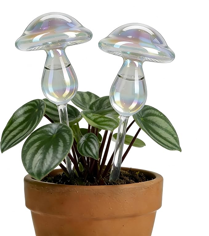 ZhenD Iridescent Self-Watering Plant Mushroom, Glass Self Watering Globe Planter Insert for Indoor and Outdoor, Automatic Plant Waterer, Hand-Blown Premium Glass – 2 Pack
