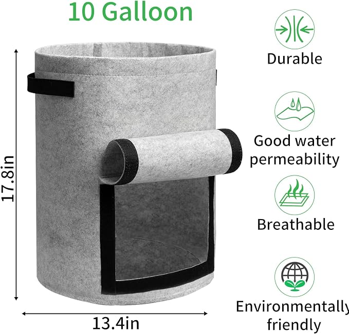 JJGoo 4 Pack Potato Grow Bags 10 Gallon with Flap, Heavy Duty Fabric Grow Bags with Handle and Harvest Window, Non-Woven Planter Pot Plant Garden Bags to Grow Vegetables Potato Tomato, Grey