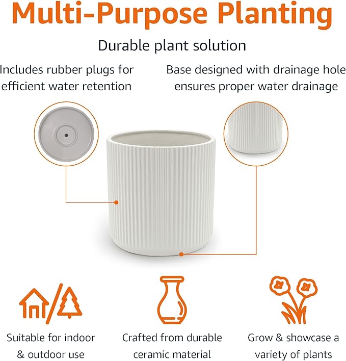 Amazon Basics Fluted Ceramic Planter Pot for Indoor Outdoor Plants, Round Flower Pot with Drainage Hole, 8-inch, White