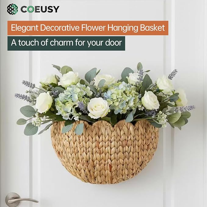 Coeusy Wicker Wall Basket, Boho Scalloped Wall Basket,Large Wall Hanging Baskets for Nursery,Door,Plants,Mail,Natural Water Hyacinth