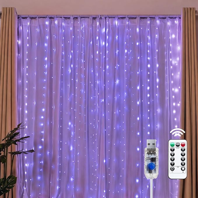 Brightown 300 LED Purple Fairy Curtain Lights, 9.8ft x 9.8ft String Lights, USB Plug in 8 Lighting Modes Christmas String Hanging Lights with Remote for Bedroom Indoor Outdoor Party Xmas Purple 1 Pack