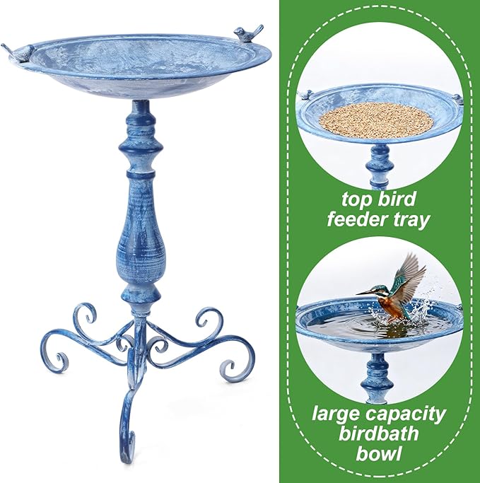 Newtay 27.25" Ornate Metal Pedestal Style Birdbath with Cast Iron Vintage Birds Baths for Outdoors on Rim Full Base Standing Bird Bath Tray for Garden Yard Decoration Not Easy to Rust (Blue)