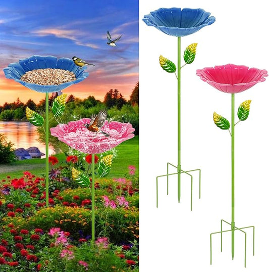 2 Pack Bird Baths for Outdoors, Colorful Metal Bird Bath for Outside, Hummingbird Bath with Five Stakes, Garden Flower Small Birdbath for Garden Decor, 31.3" H x 10.63" Dia (Royal Blue,Pink)