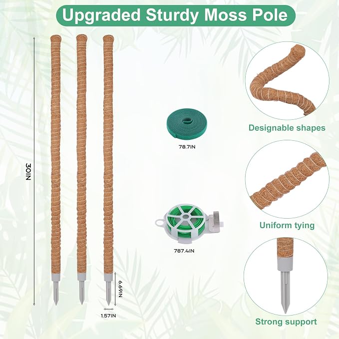3 Pack Moss Pole, 30 Inch Monstera Plant Support， Moss Poles for Climbing Plants Indoor DIY, Coco Coir Plant Pole Moss Plant Stick Support Stake Kit for Potted Plants, Pothos, Philodendron