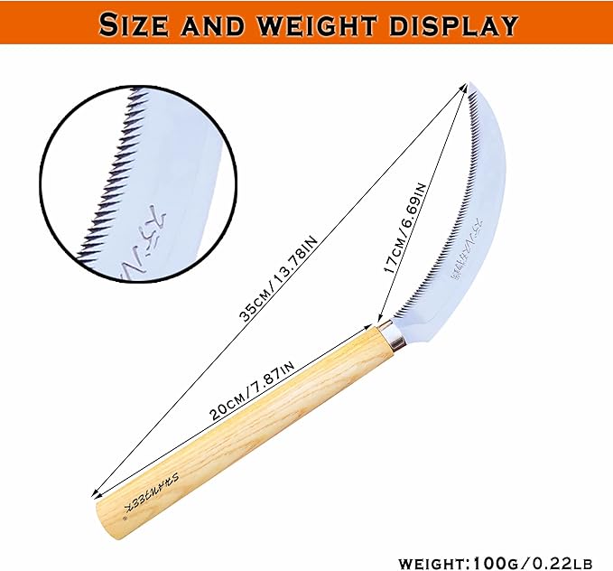 Grass Sickle with Sawtooth Japanese Weeding Hoe Weeding Tools for Garden High Toughness Stainless Steel with Hard Solid Wood Handle(Yellow)