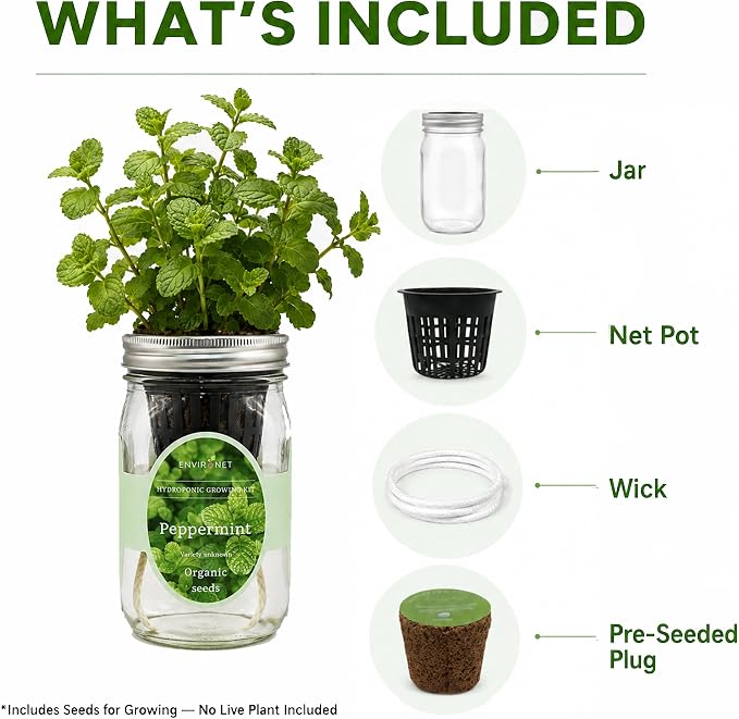 Hydroponic Herb Growing Kit, Self-Watering Mason Jar Herb Garden Starter Kit Indoor, Grow Your Own Herbs from Seeds (Peppermint)
