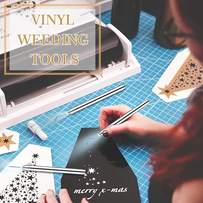 Therwen 3 Pcs LED Weeding Tools for Vinyl with Light Pin and Hook Lighted Weeding Pen for Removing Iron on Tiny Vinyl Paper Iron on Projects Adults and Cutting Machines Supply(Silver)