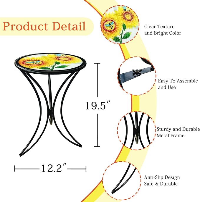 J-Fly 12 Inch Outdoor Side Table, Round Patio Accent Indoor End Table with Glass Top & Metal Base for Living Room, Office, Balcony, Bee Sunflower Indoor Furniture Valentine Decor(20" Height)