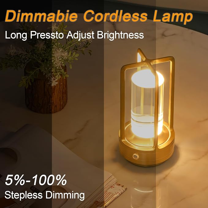 Rechargeable Table Lamp Cordless, 3 Color | Crystal | Stepless Dimming, for Bedroom, Cafe, Camping, Bar, Dining Table, Restaurant, Gold