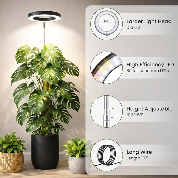 LBW Grow Lights for Indoor Plants, 6.3" Full Spectrum Plant Light with Base, 59" Height Adjustable Grow Lamp, 6/8/12/16H Auto Timer, 3 Light Color, 5 Dimmable Level, for Tall Large Plant, Black,1 pack
