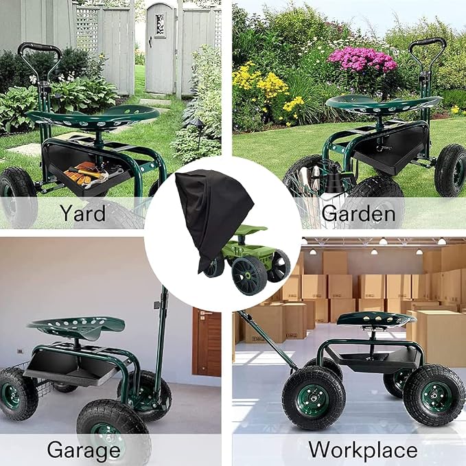 Rolling Garden Stool Cart Work Seat Cover Heavy Duty Waterproof Wagon Scooter Cover Adjustable Extendable Steer Handle Swivel Seat Dust Cover for Outdoors Lawns Yards