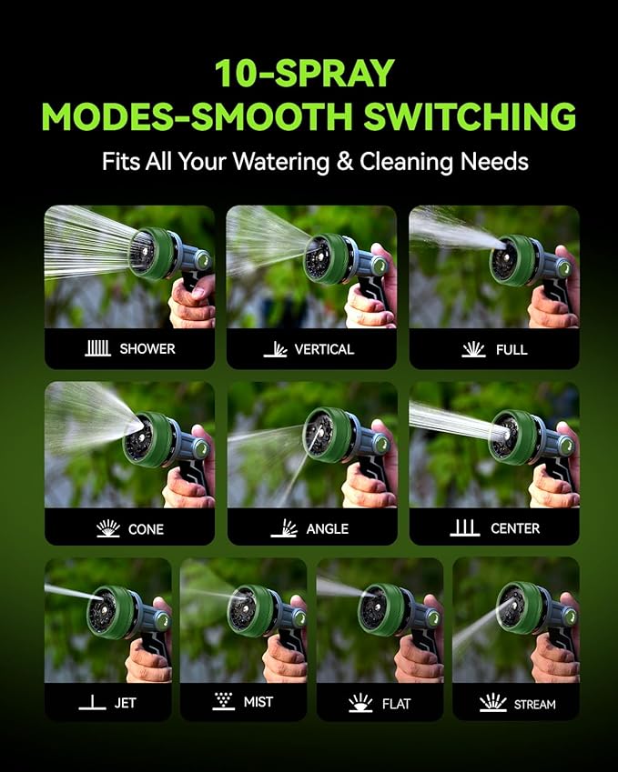 RAINPOINT Full-Metal Garden Hose Nozzle, Heavy Duty Water Hose Nozzle Sprayer With 10 Adjustable Patterns & High Flow,Thumb Control For Flow Adjustment, Ideal For Watering, Washing, Dark Green-2PCS