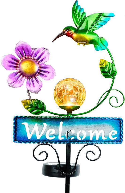 Hummingbird Garden Decorations for Outside, Solar Waterproof Stake Lights with Welcome Sign for Yard Lawn Patio Pathway, Warm Gifts for Mom Grandma Housewarming (Hummingbird)
