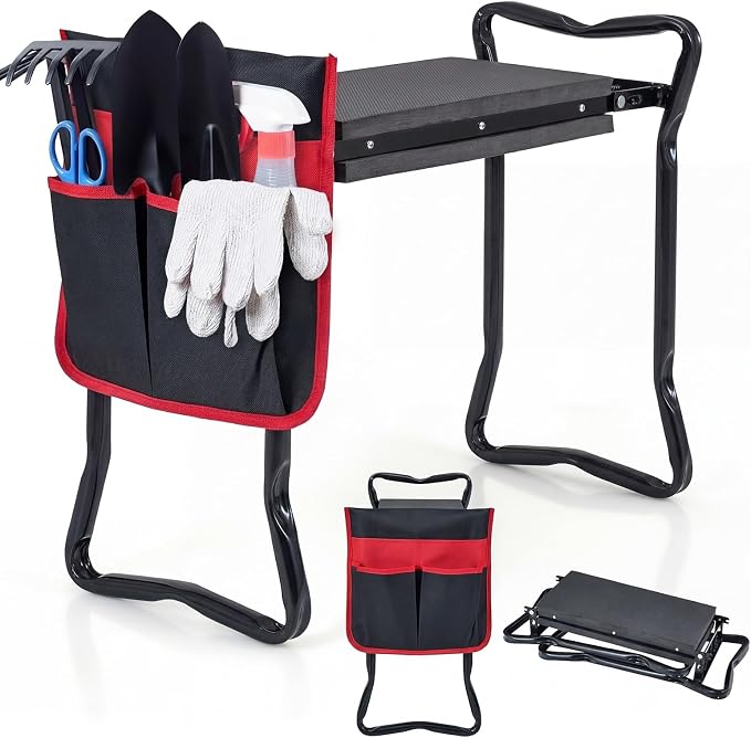 Giantex Garden Kneeler & Seat, Folding Gardening Stool, Portable Garden Bench with EVA Foam Pad, Heavy-Duty Metal Frame, Gardening Tool for Women Men Seniors, Holds 330 LBS, Black (with 1 Bags)