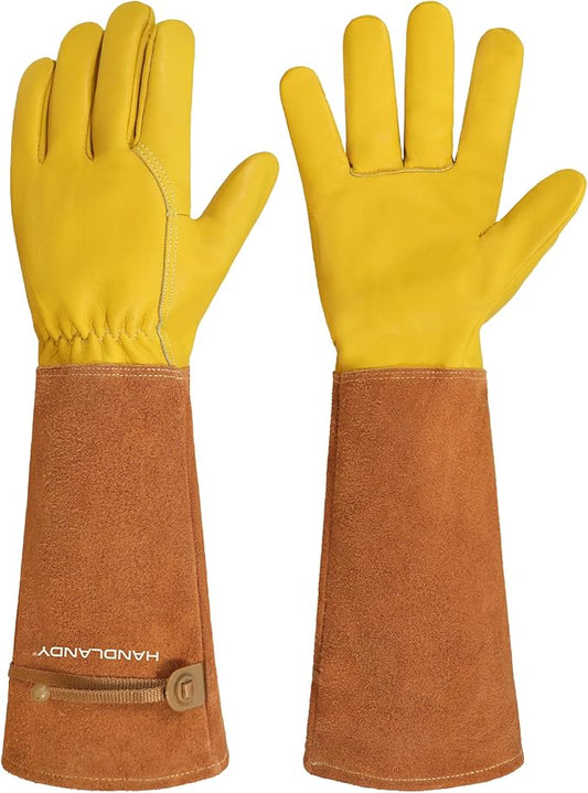 HANDLANDY Long Gardening Gloves for Men & Women, Cowhide Leather Rose Pruning Gloves, Breathable Thorn Proof Gauntlet Glove (Rust Brown, M)